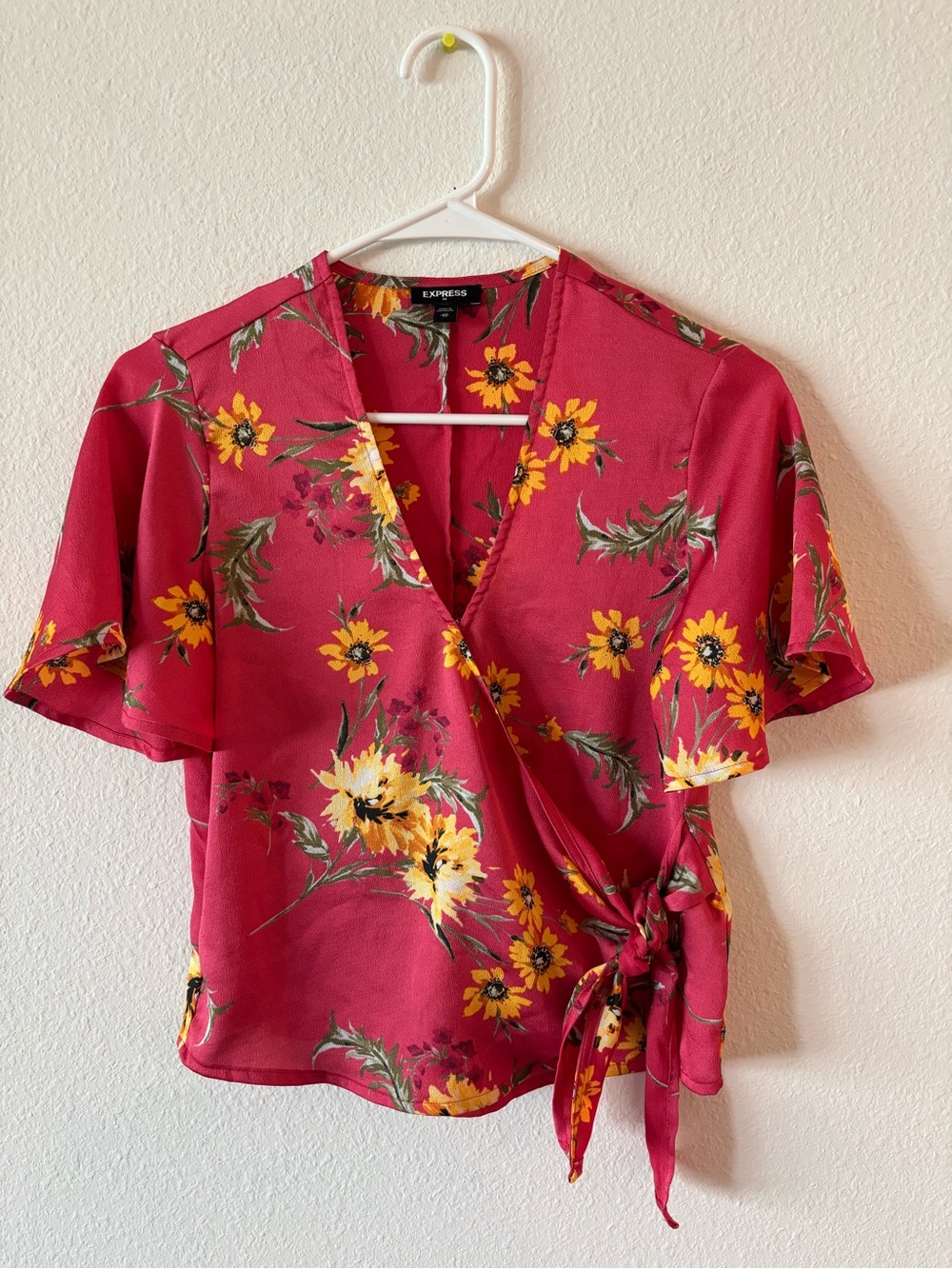 Express Pink Floral Wrap Blouse with Yellow Blooms